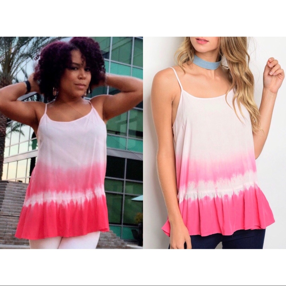 Hot pink & white Tie Dye Tunic Ruffle Hem tank top